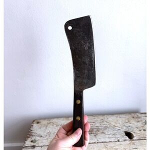 Vintage Carbon Steel Meat Cleaver Butcher Knife Wood Handle Brass Rivets 12 Inch